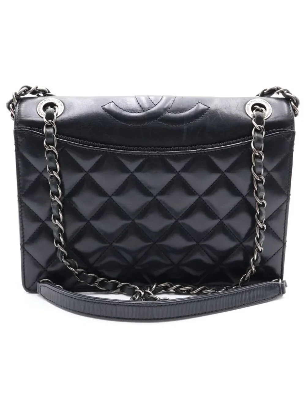Chanel Quilted Lambskin Shoulder Bag Black Silver